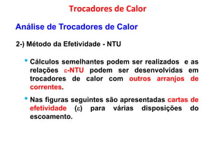 Trocadores de Calor
2-) Método da Efetividade - NTU
Análise de Trocadores de Calor
• Cálculos semelhantes podem ser realizados e as
relações -NTU podem ser desenvolvidas em
trocadores de calor com outros arranjos de
correntes.
• Nas figuras seguintes são apresentadas cartas de
efetividade () para várias disposições doefetividade () para várias disposições do
escoamento.
 