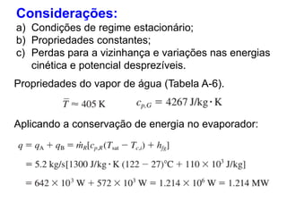 Considerações:
a) Condições de regime estacionário;
b) Propriedades constantes;
c) Perdas para a vizinhança e variações nas energias
cinética e potencial desprezíveis.cinética e potencial desprezíveis.
Propriedades do vapor de água (Tabela A-6).
Aplicando a conservação de energia no evaporador:
 