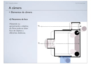 FAN - Fotograﬁa analógica Prof.a Fernanda Pozza
A câmera
d) Mecanismo de foco
Afastando ou
aproximando a objetiva
do ﬁlme pode-se obter
foco de objetos a
diferentes distâncias.
> Elementos da câmera
 