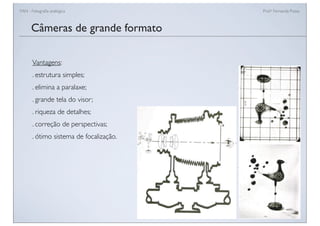 FAN - Fotograﬁa analógica Prof.a Fernanda Pozza
Câmeras de grande formato
Vantagens:
. estrutura simples;
. elimina a paralaxe;
. grande tela do visor;
. riqueza de detalhes;
. correção de perspectivas;
. ótimo sistema de focalização.
 
