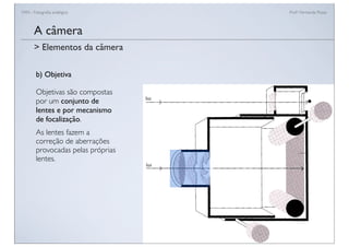 FAN - Fotograﬁa analógica Prof.a Fernanda Pozza
A câmera
b) Objetiva
Objetivas são compostas
por um conjunto de
lentes e por mecanismo
de focalização.
As lentes fazem a
correção de aberrações
provocadas pelas próprias
lentes.
> Elementos da câmera
 