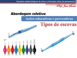 Questões epidemiológicas da cárie e a formação crítica do pensamento
Abordagem coletiva
Ações educativas e preventivas
Prof. Jean Santos
 