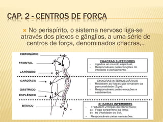 CAP. 2 - CENTROS DE FORÇA
 No perispírito, o sistema nervoso liga-se
através dos plexos e gânglios, a uma série de
centros de força, denominados chacras,..
 