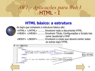 AW1 – Aplicações para Web I
HTML - I
12
HTML básico: a estrutura
As tag’s que compoem a estrutura básica são:
<HTML> </HTML> ………. Envolvem todo o documento HTML
<HEAD> </HEAD> ………. Envolvem Título, Configurações e Scripts tais
como JavaScript e PHP
<BODY> </BODY> ………. Envolvem o corpo que deverá conter todas
as outras tag’s HTML
Doc HTML
1a seção
2a seção
 