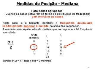 38
Para dados agrupados
(Quando os dados estiverem na forma de distribuição de frequência)
Sem intervalos de classe
Neste caso, é o bastante identificar a frequência acumulada
imediatamente superior à metade da soma das frequências.
A mediana será aquele valor da variável que corresponde a tal frequência
acumulada.
Sendo: 34/2 = 17, logo a Md = 2 meninos
Medidas de Posição - MedianaMedidas de Posição - Mediana
Nº de
meninos
fi
0 2 2
1 6 8
2 10 18
3 12 30
4 4 34
34
if
 
