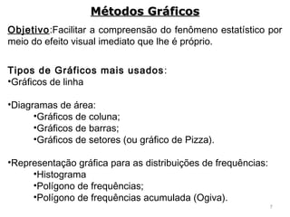 7
Objetivo:Facilitar a compreensão do fenômeno estatístico por
meio do efeito visual imediato que lhe é próprio.
Tipos de Gráficos mais usados:
•Gráficos de linha
 
•Diagramas de área:
•Gráficos de coluna;
•Gráficos de barras;
•Gráficos de setores (ou gráfico de Pizza).
 
•Representação gráfica para as distribuições de frequências:
•Histograma
•Polígono de frequências;
•Polígono de frequências acumulada (Ogiva).
Métodos GráficosMétodos Gráficos
 