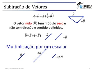 Subtração de Vetores
( )
B
A
B
A




−
+
=
−
)
(
0 B
B



−
+
=
B

−
B

−
MulVplicação	
  por	
  um	
  escalar	
  
	
  	
  	
  	
  	
  O	
  vetor	
  nulo	
  (	
  	
  	
  ) tem	
  módulo	
  zero	
  e
não	
  tem	
  direção	
  e	
  senVdo	
  deﬁnidos.	
  
B

B
 B

2
B

5
,
0
−
A

0

9	
  
F128	
  –	
  2o	
  	
  Semestre	
  de	
  2012	
  
 