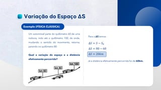 15
Exemplo (FÍSICA CLÁSSICA)
Um automóvel parte do quilômetro 60 de uma
rodovia, indo até o quilômetro 100, de onde,
mudando o sentido do movimento, retorna,
parando no quilômetro 80.
Qual a variação do espaço e a distância
efetivamente percorrida?
Para o ΔS temos:
Δ𝑆 = 𝑆 − 𝑆0
Δ𝑆 = 80 − 60
Δ𝑆 = 20𝑘𝑚
Já a distância efetivamente percorrida foi de 60km.
 