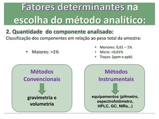 na
escolha do método analítico:
2. Quantidade do componente analisado:
Classificação dos componentes em relação ao peso total da amostra:
• Maiores: >1%
• Menores: 0,01 – 1%
• Micro: <0,01%
• Traços: (ppm e ppb)
Métodos
Convencionais
gravimetria e
volumetria
Métodos
Instrumentais
equipamentos (pHmetro,
espectrofotômetro,
HPLC, GC, NIRs...)
 