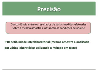 Precisão
Repetibilidade interlaboratorial (mesma amostra é analisada
por vários laboratórios utilizando o método em teste)
Concordância entre os resultados de várias medidas efetuadas
sobre a mesma amostra e nas mesmas condições de análise
 