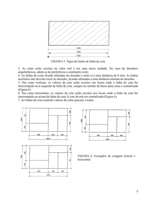 FIGURA 5. Tipos de limite de linha de cota

3. As cotas serão escritas no valor real e em uma única unidade. No caso de desenhos
arquitetônicos, adota-se de preferência o centímetro (cm).
4. As linhas de cotas ficarão afastadas do desenho e entre si a uma distância de 8 mm. As linhas
auxiliares não deverão tocar no desenho, ficando afastadas a uma distância mínima do desenho.
5. Nas cotas verticais, os valores da cota serão escritos nos locais onde a linha de cota for
interrompida ou à esquerda da linha de cota, sempre no sentido de baixo para cima e centralizada
(Figura 6).
6. Nas cotas horizontais, os valores da cota serão escritos nos locais onde a linha de cota for
interrompida ou acima da linha de cota A cota deverá ser centralizada (Figura 6).
7. As linhas de cota conterão valores de cotas parciais e totais.




                                               FIGURA 6. Exemplos de cotagem iertical e
                                               horizontal




                                                                                              5
 