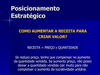 Posicionamento Estratégico COMO AUMENTAR A RECEITA PARA CRIAR VALOR? RECEITA = PREÇO x QUANTIDADE Se reduzo preço, tenho que compensar no aumento da quantidade vendida. Se aumento preço, não posso deixar a quantidade vendida cair muito para não compensar o aumento da lucratividade unitária.  
