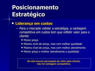Posicionamento Estratégico Liderança em custos Para o mercado validar a estratégia, a vantagem competitiva em custos tem que refletir valor para o cliente: Menor preço Mesmo nível de preço, mas com melhor qualidade Mesmo nível de preço, mas com melhor atendimento Menor preço e melhor atendimento e qualidade Se não houver percepção de valor pelo cliente, não há vantagem competitiva. 