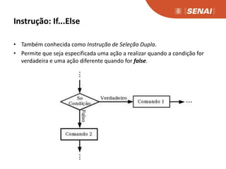 Instrução: If...Else
• Também conhecida como Instrução de Seleção Dupla.
• Permite que seja especificada uma ação a realizar quando a condição for
verdadeira e uma ação diferente quando for false.
 