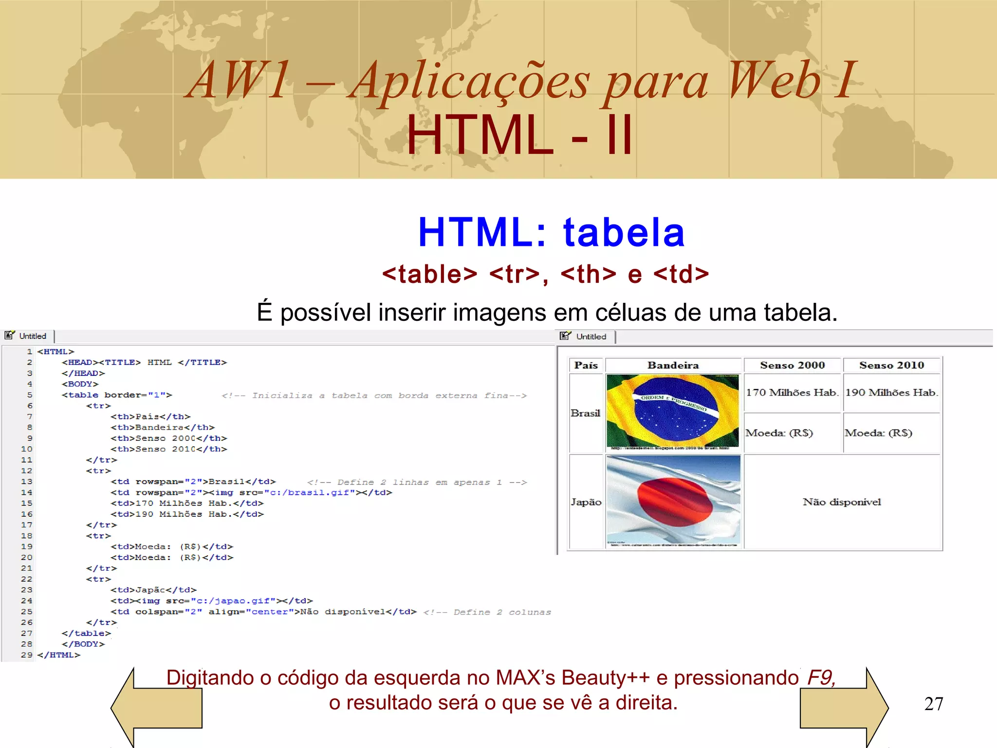 AW1 – Aplicações para Web I
HTML - II
27
Digitando o código da esquerda no MAX’s Beauty++ e pressionando F9,
o resultado será o que se vê a direita.
HTML: tabela
<table> <tr>, <th> e <td>
É possível inserir imagens em céluas de uma tabela.
 