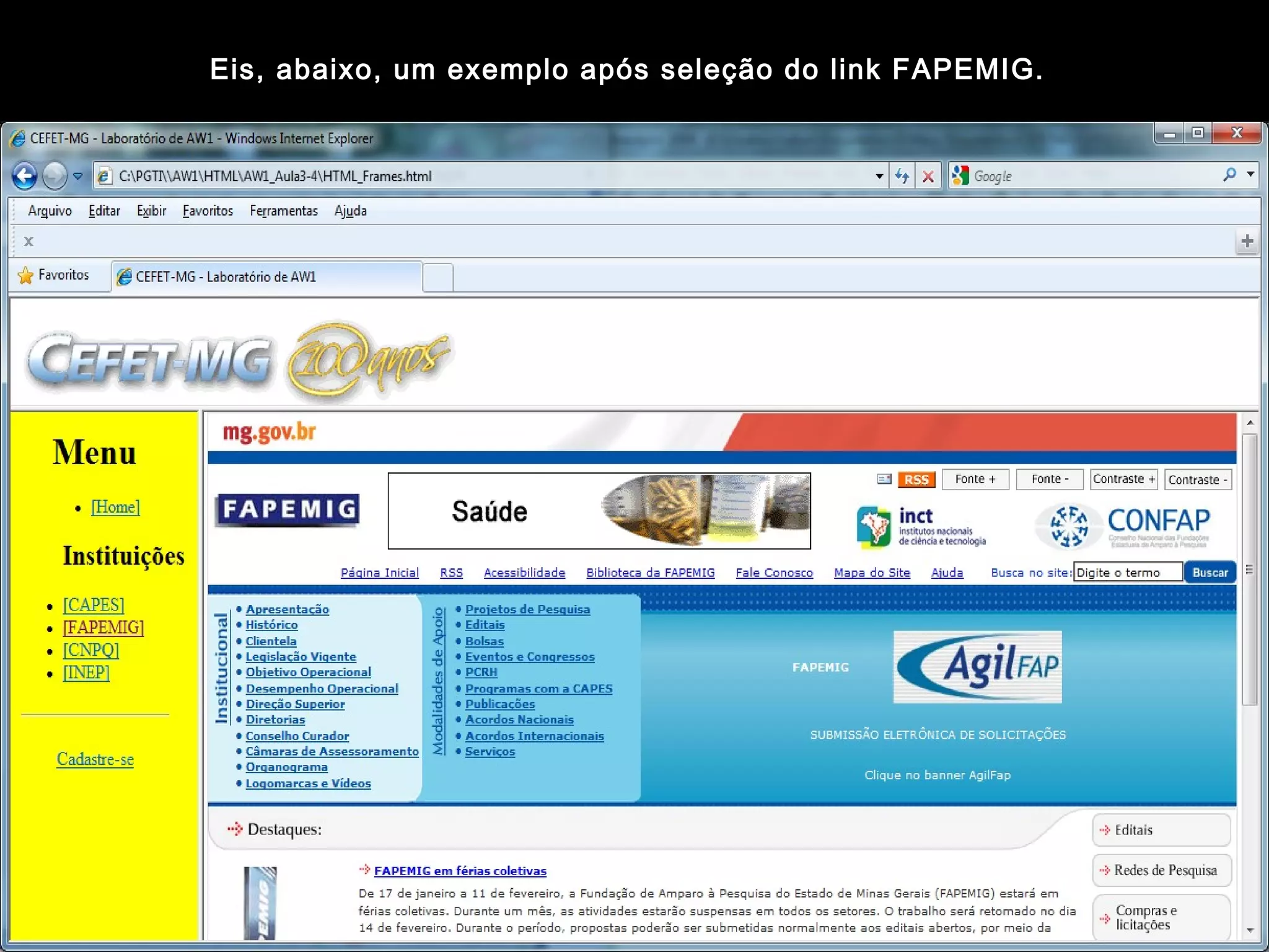 34
Eis, abaixo, um exemplo após seleção do link FAPEMIG.
 