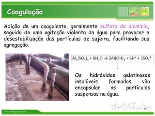 www.themegallery.com
Adição de um coagulante, geralmente sulfato de alumínio,
seguido de uma agitação violenta da água para provocar a
desestabilização das partículas de sujeira, facilitando sua
agregação.
Coagulação
Os hidróxidos gelatinosos
insolúveis formados vão
encapsular as partículas
suspensas na água.
12
 