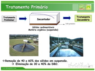 www.themegallery.com
Tratamento Primário
Tratamento
Preliminar
Sólidos sedimentáveis
Matéria orgânica (suspensão)
Tratamento
Secundário
Remoção de 40 a 60% dos sólidos em suspensão.
 Eliminação de 30 a 40% da DBO.
Decantador
28
 