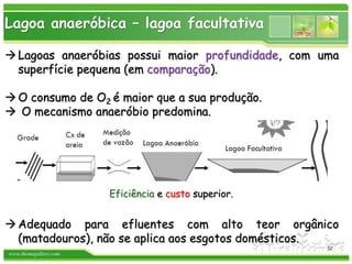 www.themegallery.com
Lagoa anaeróbica – lagoa facultativa
Lagoas anaeróbias possui maior profundidade, com uma
superfície pequena (em comparação).
O consumo de O2 é maior que a sua produção.
 O mecanismo anaeróbio predomina.
Adequado para efluentes com alto teor orgânico
(matadouros), não se aplica aos esgotos domésticos.
Eficiência e custo superior.
32
 