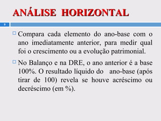 ANÁLISE HORIZONTALANÁLISE HORIZONTAL
9
 Compara cada elemento do ano-base com o
ano imediatamente anterior, para medir qual
foi o crescimento ou a evolução patrimonial.
 No Balanço e na DRE, o ano anterior é a base
100%. O resultado líquido do ano-base (após
tirar de 100) revela se houve acréscimo ou
decréscimo (em %).
 