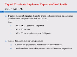 Capital Circulante Líquido ou Capital de Giro Líquido
CCL = AC – PC
4
 Direitos menos obrigações de curto prazo, indicam margem de segurança
para honrar os compromissos de Curto Prazo.
Logo:
1. AC > PC → positivo - Liquidez
2. AC = PC → nulo
3. AC < PC → negativo – aperto de liquidez
 Razões da necessidade de CCL positivo:
a) Certeza dos pagamentos e incerteza dos recebimentos;
b) Inexistência de sincronização entre os recebimentos e pagamentos.
 
