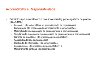 Accountability e Responsabilidade Princípios que estabelecem o que accountability pode significar na prática (ISEA,1999) Inclusivity; (de stakeholders no gerenciamento da organização) Completude; (de processos de gerenciamento e comunicações) Materialidade; (de processos de gerenciamento e comunicações) Regularidade e atemporal; (de processos de gerenciamento e comunicações) Garantia da qualidade; (de processos de accountability)  Acessibilidade; (de comunicações) Qualidade da informação; (de comunicações) Enraizamento; (de processos de accountability) e Melhoramento contínuo (do desempenho) 