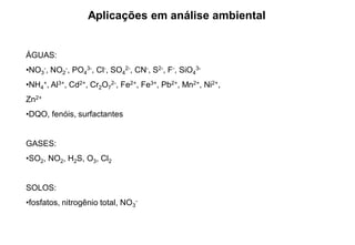 Aplicações em análise ambiental
ÁGUAS:
•NO3
-, NO2
-, PO4
3-, Cl-, SO4
2-, CN-, S2-, F-, SiO4
3-
•NH4
+, Al3+, Cd2+, Cr2O7
2-, Fe2+, Fe3+, Pb2+, Mn2+, Ni2+,
Zn2+
•DQO, fenóis, surfactantes
GASES:
•SO2, NO2, H2S, O3, Cl2
SOLOS:
•fosfatos, nitrogênio total, NO3
-
 
