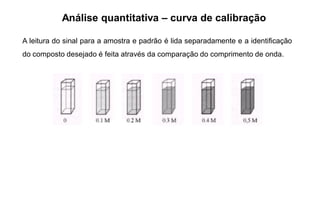 Análise quantitativa – curva de calibração
A leitura do sinal para a amostra e padrão é lida separadamente e a identificação
do composto desejado é feita através da comparação do comprimento de onda.
 