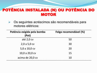 POTÊNCIA INSTALADA (N) OU POTÊNCIA DO
MOTOR
➢ Os seguintes acréscimos são recomendáveis para
motores elétricos:
Potência exigida pela bomba
(Pot)
Folga recomendável (%)
até 2,0 cv 50
2,0 a 5,0 cv 30
5,0 a 10,0 cv 20
10,0 a 20,0 cv 15
acima de 20,0 cv 10
 