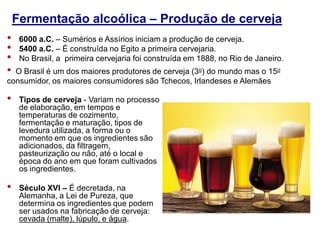Fermentação alcoólica – Produção de cerveja
• 6000 a.C. – Sumérios e Assírios iniciam a produção de cerveja.
• 5400 a.C. – É construída no Egito a primeira cervejaria.
• No Brasil, a primeira cervejaria foi construída em 1888, no Rio de Janeiro.
• Tipos de cerveja - Variam no processo
de elaboração, em tempos e
temperaturas de cozimento,
fermentação e maturação, tipos de
levedura utilizada, a forma ou o
momento em que os ingredientes são
adicionados, da filtragem,
pasteurização ou não, até o local e
época do ano em que foram cultivados
os ingredientes.
• Século XVI – É decretada, na
Alemanha, a Lei de Pureza, que
determina os ingredientes que podem
ser usados na fabricação de cerveja:
cevada (malte), lúpulo, e água.
• O Brasil é um dos maiores produtores de cerveja (3o) do mundo mas o 15o
consumidor, os maiores consumidores são Tchecos, Irlandeses e Alemães
 