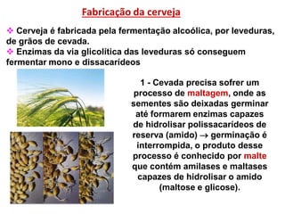 Fabricação da cerveja
 Cerveja é fabricada pela fermentação alcoólica, por leveduras,
de grãos de cevada.
 Enzimas da via glicolítica das leveduras só conseguem
fermentar mono e dissacarídeos
1 - Cevada precisa sofrer um
processo de maltagem, onde as
sementes são deixadas germinar
até formarem enzimas capazes
de hidrolisar polissacarídeos de
reserva (amido)  germinação é
interrompida, o produto desse
processo é conhecido por malte
que contém amilases e maltases
capazes de hidrolisar o amido
(maltose e glicose).
 