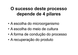 O sucesso deste processo
depende de 4 pilares
• A escolha do microorganismo
• A escolha do meio de cultura
• A forma de condução do processo
• A recuperação do produto
 