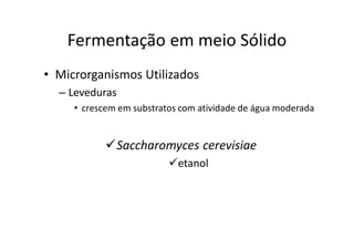 FERMENTAÇÃO - DORNAS
Fermentação em meio Sólido
• Microrganismos Utilizados
– Leveduras
• crescem em substratos com atividade de água moderada
Saccharomyces cerevisiae
etanol
 