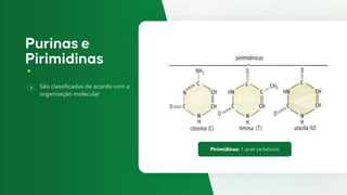 São classificadas de acordo com a
organização molecular
Pirimidinas: 1 anel carbônico
 