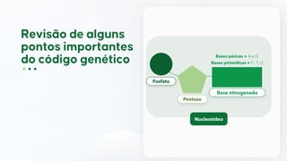 Fosfato
Pentose
Base nitrogenada
Nucleotídeo
Bases púricas = A e G
Bases pirimídicas = C, T, U
 