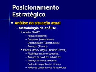Posicionamento Estratégico Análise da situação atual Metodologia de análise Análise SWOT Forças (Strenghts) Fraquezas (Weaknesses) Oportunidades (Opportunities) Ameaças (Threats) Modelo das 5 forças (modelo Porter) Rivalidade entre concorrentes Ameaça de produtos substitutos Ameaça de novos entrantes Poder de barganha dos clientes Poder de barganha dos fornecedores 