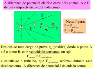 A diferença de potencial elétrico entre dois pontos A e B
de um campo elétrico é definida como:
Desloca-se uma carga de prova qo (positiva) desde o ponto A
até o ponto B, com velocidade constante, ou seja
Fexterna = Feletrostática,
e calcula-se o trabalho, que Feletrostática realizou durante esse
deslocamento. A diferença de potencial é calculada como:
Nesta figura:
F = Fexterna
Fe = Feletrostática
 
