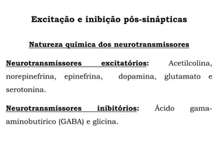 Excitação e inibição pós-sinápticas
Natureza química dos neurotransmissores
Neurotransmissores excitatórios: Acetilcolina,
norepinefrina, epinefrina, dopamina, glutamato e
serotonina.
Neurotransmissores inibitórios: Ácido gama-
aminobutírico (GABA) e glicina.
 