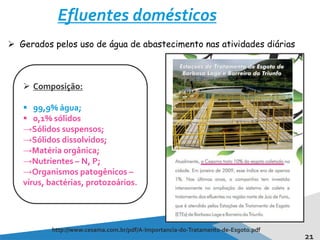 21
Efluentes domésticos
http://www.cesama.com.br/pdf/A-Importancia-do-Tratamento-de-Esgoto.pdf
 Gerados pelos uso de água de abastecimento nas atividades diárias
 Composição:
 99,9% água;
 0,1% sólidos
→Sólidos suspensos;
→Sólidos dissolvidos;
→Matéria orgânica;
→Nutrientes – N, P;
→Organismos patogênicos –
vírus, bactérias, protozoários.
 
