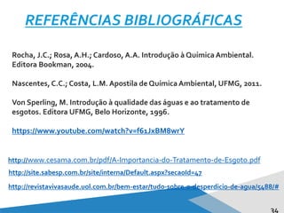 34
REFERÊNCIAS BIBLIOGRÁFICAS
http://www.cesama.com.br/pdf/A-Importancia-do-Tratamento-de-Esgoto.pdf
Rocha, J.C.; Rosa, A.H.; Cardoso, A.A. Introdução à Química Ambiental.
Editora Bookman, 2004.
Nascentes,C.C.; Costa, L.M. Apostila de Química Ambiental, UFMG, 2011.
Von Sperling, M. Introdução à qualidade das águas e ao tratamento de
esgotos. Editora UFMG, Belo Horizonte, 1996.
https://www.youtube.com/watch?v=f61JxBM8wrY
http://revistavivasaude.uol.com.br/bem-estar/tudo-sobre-o-desperdicio-de-agua/5488/#
http://site.sabesp.com.br/site/interna/Default.aspx?secaoId=47
 