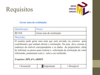 Requisitos
Gerar nota de restituição
Identificação: Nome:
RF 018 Gerar nota de restituição
Descrição:
O usuário pode gerar uma nota que será enviada via correios para
contribuintes que tenham direito a restituição. Na nota deve constar o
endereço do imóvel correspondente e os dados do proprietário, além
de informar os passos para realizar a solicitação de restituição do valor
informado, juntamente com o valor a ser restituído.
Usuários: DPLAN e ROOT
• Essencial ▓ Importante • Desejável
 