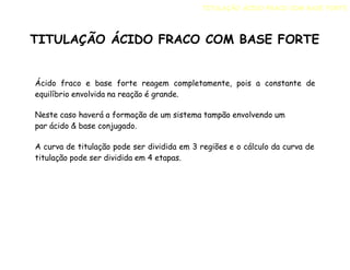 Ácido fraco e base forte reagem completamente, pois a constante de
equilíbrio envolvida na reação é grande.
Neste caso haverá a formação de um sistema tampão envolvendo um
par ácido & base conjugado.
A curva de titulação pode ser dividida em 3 regiões e o cálculo da curva de
titulação pode ser dividida em 4 etapas.
TITULAÇÃO ÁCIDO FRACO COM BASE FORTE
TITULAÇÃO ÁCIDO FRACO COM BASE FORTE
 