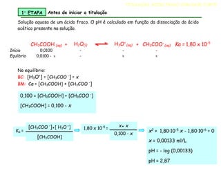 CH3COOH (aq) + H2O(l) H3O+
(aq) + CH3COO-
(aq) Ka = 1,80 x 10-5
Início 0,0100 - - -
Equlibrio 0,0100 - x - x x
TITULAÇÃO ÁCIDO FRACO COM BASE FORTE
Solução aquosa de um ácido fraco. O pH é calculado em função da dissociação do ácido
acético presente na solução.
1 ETAPA Antes de iniciar a titulação
No equilíbrio:
BC: [H3O+
] = [CH3COO -
] = x
BM: Ca = [CH3COOH] + [CH3COO -
]
0,100 = [CH3COOH] + [CH3COO -
]
[CH3COOH] = 0,100 - x
Ka =
[CH3COO -
]●[ H3O +
]
[CH3COOH]
1,80 x 10-5
=
x● x
0,100 - x
x2
+ 1,80·10-5
x - 1,80·10-6
= 0
x = 0,00133 ml/L
pH = - log (0,00133)
pH = 2,87
 