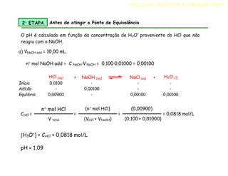 O pH é calculado em função da concentração de H3O+
proveniente do HCl que não
reagiu com o NaOH.
a) VNaOH add = 10,00 mL
n mol NaOH add = C NaOH·V NaOH = 0,100·0,01000 = 0,00100
HCl (aq) + NaOH (aq) NaCl (aq) + H2O (l)
Início 0,0100 - - -
Adicão - 0,00100 - -
Equlibrio 0,00900 - 0,00100 0,00100
2 ETAPA Antes de atingir o Ponto de Equivalência
CHCl =
n mol HCl
V total
=
(n mol HCl)
(VHCl + VNaOH)
=
(0,00900)
(0,100 + 0,01000)
= 0,0818 mol/L
[H3O+
] = CHCl = 0,0818 mol/L
pH = 1,09
TITULAÇÃO ÁCIDO FORTE COM BASE FORTE
 