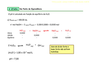 O pH é calculado em função do equilíbrio da H2O.
a) VNaOH add = 100,00 mL
n mol NaOH = C NaOH·V NaOH = 0,100·0,1000 = 0,0100 mol
HCl (aq) + NaOH (aq) NaCl (aq) + H2O (l)
Início 0,0100 - - -
Adicão - 0,0100 - -
Equlibrio - - 0,0100 0,0100
3 ETAPA No Ponto de Equivalência
[H3O+
] = 1,00 x 10-7
mol/L
pH = 7,00
2 H2O(l)
H3O+
+
(aq) OH-
(aq)
Sais de ácido forte e
base forte não sofrem
hidrólise.
TITULAÇÃO ÁCIDO FORTE COM BASE FORTE
 