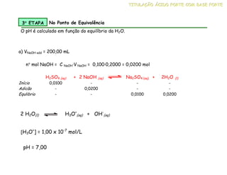 a) VNaOH add = 200,00 mL
H2SO4 (aq) + 2 NaOH (aq) Na2SO4 (aq) + 2H2O (l)
Início 0,0100 - - -
Adicão - 0,0200 - -
Equlibrio - - 0,0100 0,0200
3°
°
°
° ETAPA No Ponto de Equivalência
O pH é calculado em função do equilíbrio da H2O.
n° mol NaOH = C NaOH·V NaOH = 0,100·0,2000 = 0,0200 mol
[H3O+
] = 1,00 x 10-7
mol/L
pH = 7,00
2 H2O(l) H3O+
(aq) + OH-
(aq)
T
T
TI
I
IT
T
TU
U
UL
L
LA
A
AÇ
Ç
ÇÃ
Ã
ÃO
O
O Á
Á
ÁC
C
CI
I
ID
D
DO
O
O F
F
FO
O
OR
R
RT
T
TE
E
E C
C
CO
O
OM
M
M B
B
BA
A
AS
S
SE
E
E F
F
FO
O
OR
R
RT
T
TE
E
E
 
