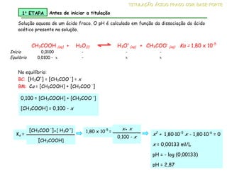 CH3COOH (aq) + H2O(l) H3O+
(aq) + CH3COO-
(aq) Ka = 1,80 x 10-5
Início 0,0100 - - -
Equlibrio 0,0100 - x - x x
T
T
TI
I
IT
T
TU
U
UL
L
LA
A
AÇ
Ç
ÇÃ
Ã
ÃO
O
O Á
Á
ÁC
C
CI
I
ID
D
DO
O
O F
F
FR
R
RA
A
AC
C
CO
O
O C
C
CO
O
OM
M
M B
B
BA
A
AS
S
SE
E
E F
F
FO
O
OR
R
RT
T
TE
E
E
Solução aquosa de um ácido fraco. O pH é calculado em função da dissociação do ácido
acético presente na solução.
1°
°
°
° ETAPA Antes de iniciar a titulação
No equilíbrio:
BC: [H3O+
] = [CH3COO
-
] = x
BM: Ca = [CH3COOH] + [CH3COO
-
]
0,100 = [CH3COOH] + [CH3COO -
]
[CH3COOH] = 0,100 - x
Ka =
[CH3COO
-
]●[ H3O +
]
[CH3COOH]
1,80 x 10-5
=
x● x
0,100 - x
x2
+ 1,80·10-5
x - 1,80·10-6
= 0
x = 0,00133 ml/L
pH = - log (0,00133)
pH = 2,87
 