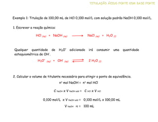 1. Escrever a reação química:
2. Calcular o volume de titulante necessário para atingir o ponto de equivalência.
H3O+
(aq) + OH-
(aq) 2 H2O (l)
T
T
TI
I
IT
T
TU
U
UL
L
LA
A
AÇ
Ç
ÇÃ
Ã
ÃO
O
O Á
Á
ÁC
C
CI
I
ID
D
DO
O
O F
F
FO
O
OR
R
RT
T
TE
E
E C
C
CO
O
OM
M
M B
B
BA
A
AS
S
SE
E
E F
F
FO
O
OR
R
RT
T
TE
E
E
Exemplo 1: Titulação de 100,00 mL de HCl 0,100 mol/L com solução padrão NaOH 0,100 mol/L.
HCl (aq) + NaOH (aq) NaCl (aq) + H2O (l)
Qualquer quantidade de H3O+
adicionado irá consumir uma quantidade
estequiométrica de OH-
.
n° mol NaOH = n° mol HCl
C NaOH x V NaOH add = C HCl x V HCl
0,100 mol/L x V NaOH add = 0,100 mol/L x 100,00 mL
V NaOH PE = 100 mL
 