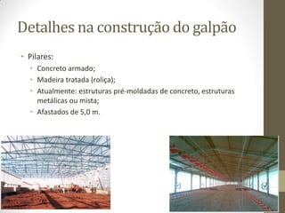 Detalhes na construção do galpão
• Pilares:
• Concreto armado;
• Madeira tratada (roliça);
• Atualmente: estruturas pré-moldadas de concreto, estruturas
metálicas ou mista;
• Afastados de 5,0 m.
 
