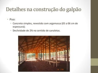 Detalhes na construção do galpão
• Piso:
• Concreto simples, revestido com argamassa (05 a 06 cm de
espessura);
• Declividade de 2% no sentido de canaletas.
 